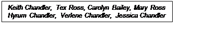 Text Box: Keith Chandler, Tex Ross, Carolyn Bailey, Mary Ross
Hyrum Chandler, Verlene Chandler, Jessica Chandler
