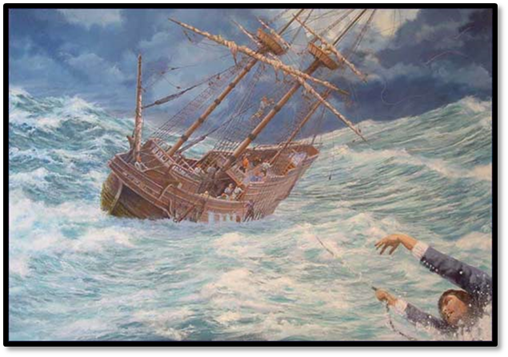 "Howland Overboard," a painting by maritime artist Mike Haywood.  Giclee canvas prints are available from the MayflowerHistory.com Store.